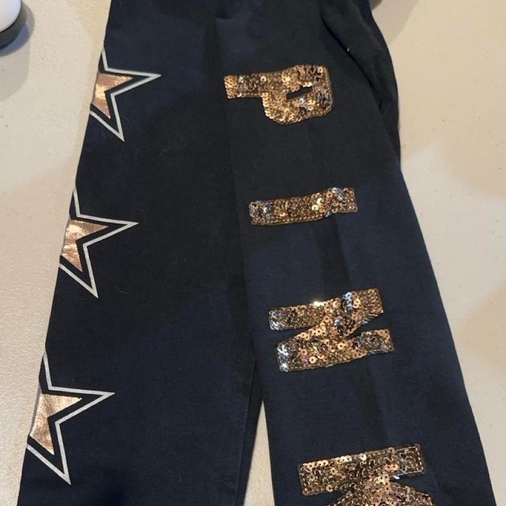 Victoria's Secret PINK Yoga Leggings Black Gold Sequin Star Graphic Large